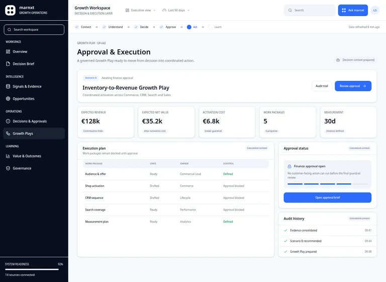 marnxt orchestrator run view with execution steps and approval status.